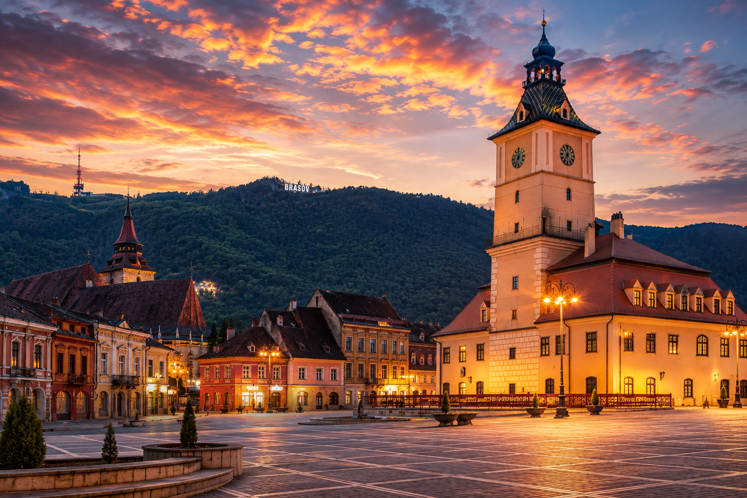 Muntele Tâmpa și Brașovul, cu Carpații în fundal